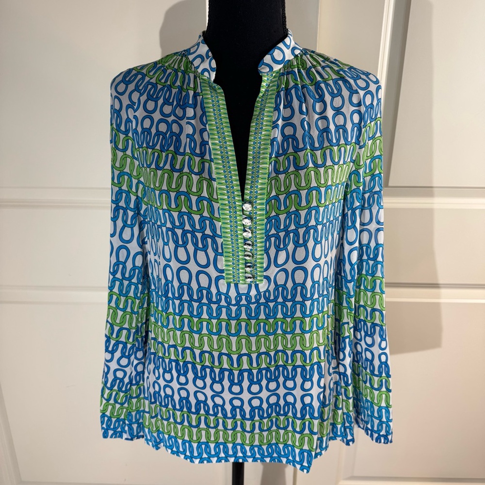 Trina Turk Blue & Green Chain-Print Long-Sleeve Silk Blouse Small